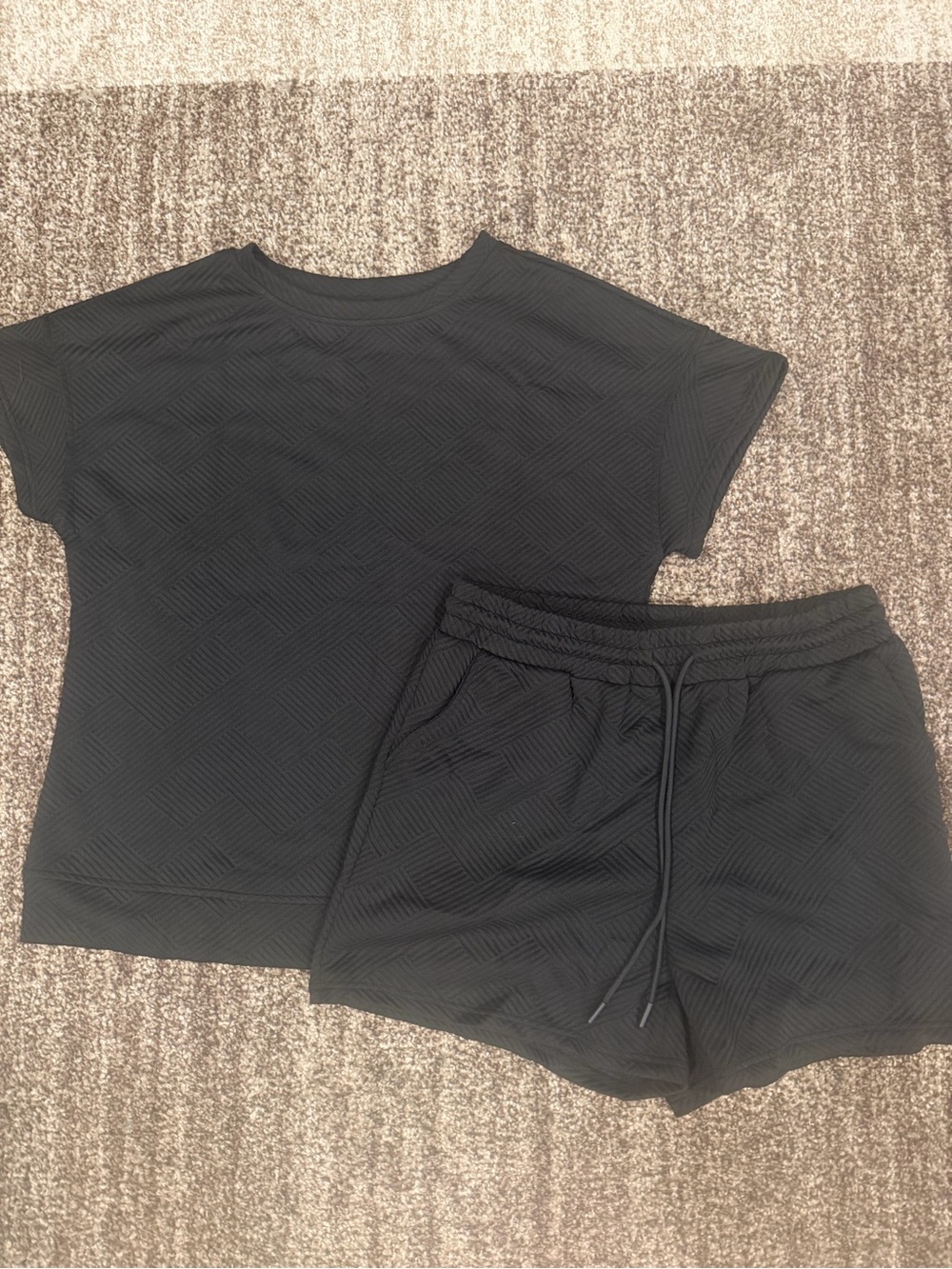 Amazon Black Textured Short Sleeve Top & Drawstring Shorts Set